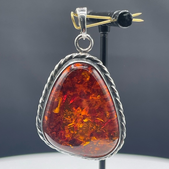 Unique Large Natural Amber Sterling Silver Enhancer Bail Pendant